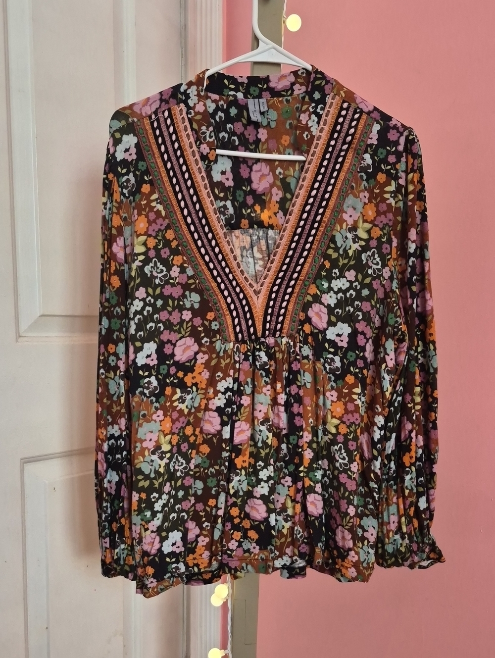 Blink Floral V-Neck Peasant Blouse - Pink & Orange Exlg